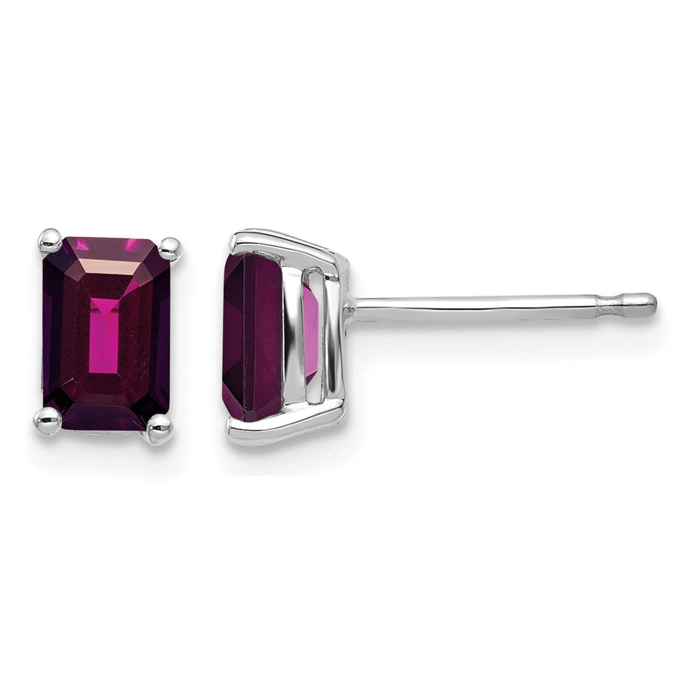 14k White Gold 6x4 Emerald Cut Rhodolite Garnet Stud Earrings