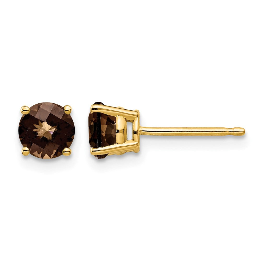 14k 5mm Round Checker-Cut Smoky Quartz Earrings