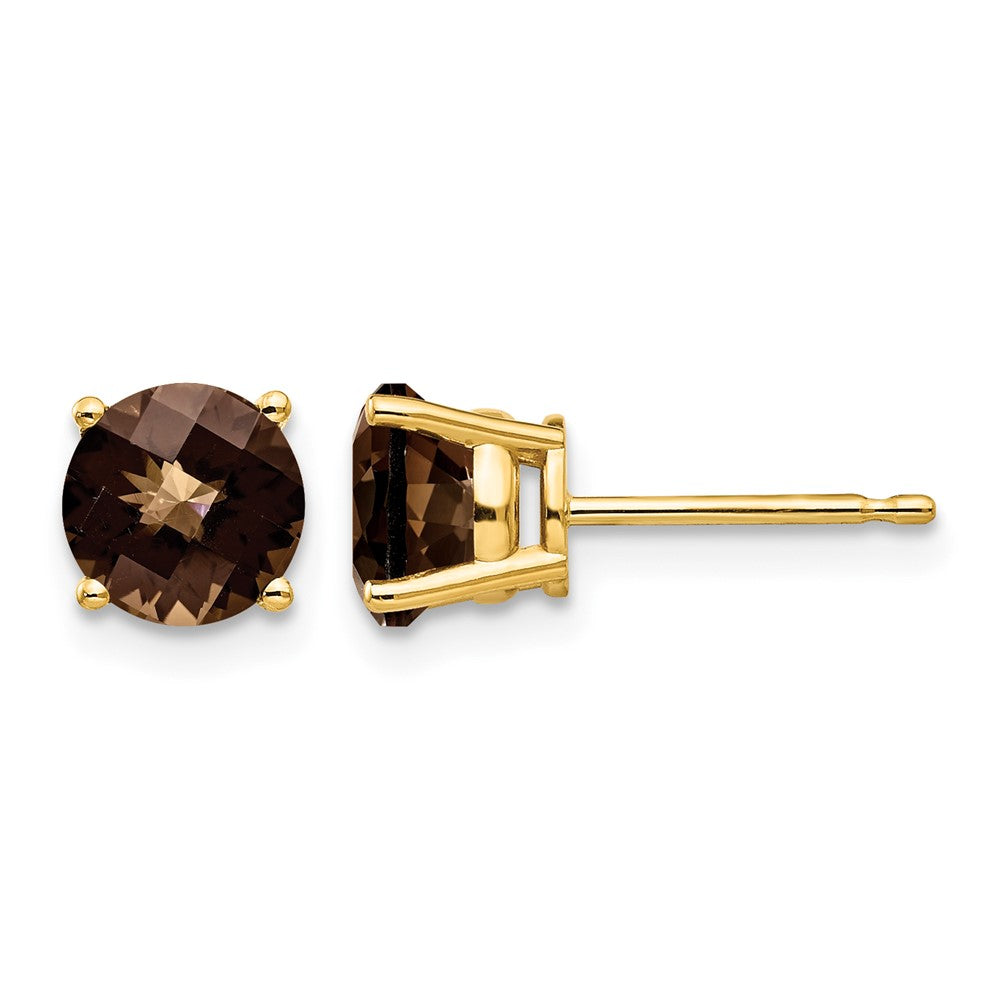 14k 6mm Round Checker-Cut Smoky Quartz Earrings