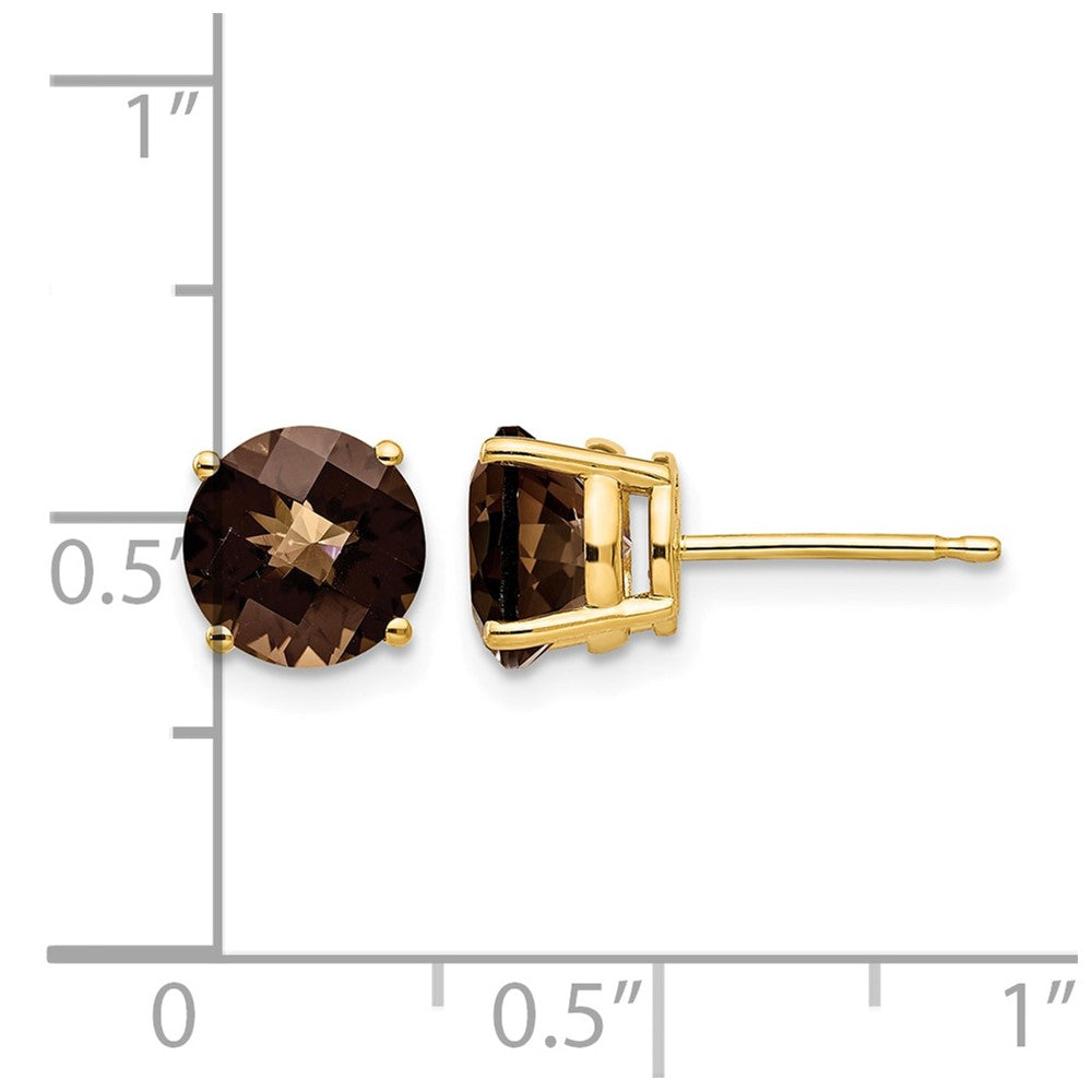 14k 7mm Round Checker-Cut Smoky Quartz Earrings