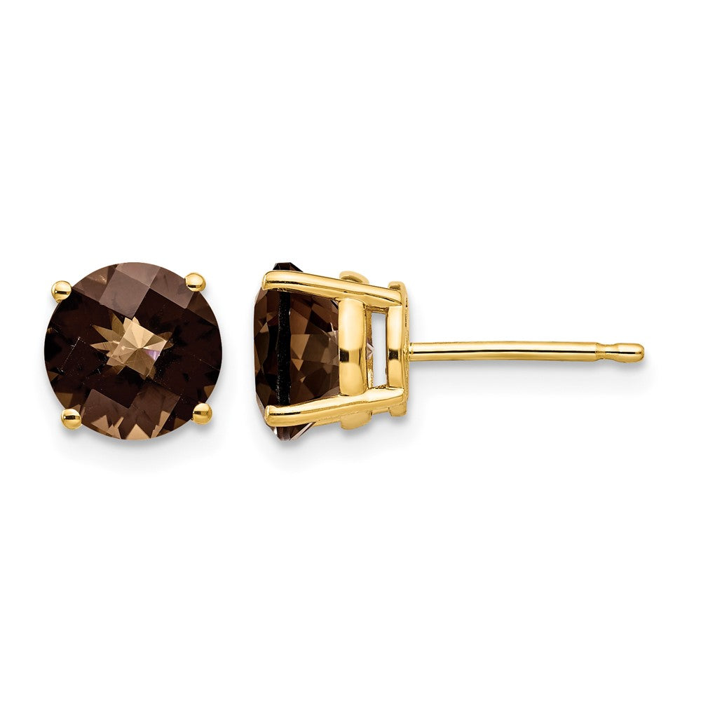14k 7mm Round Checker-Cut Smoky Quartz Earrings