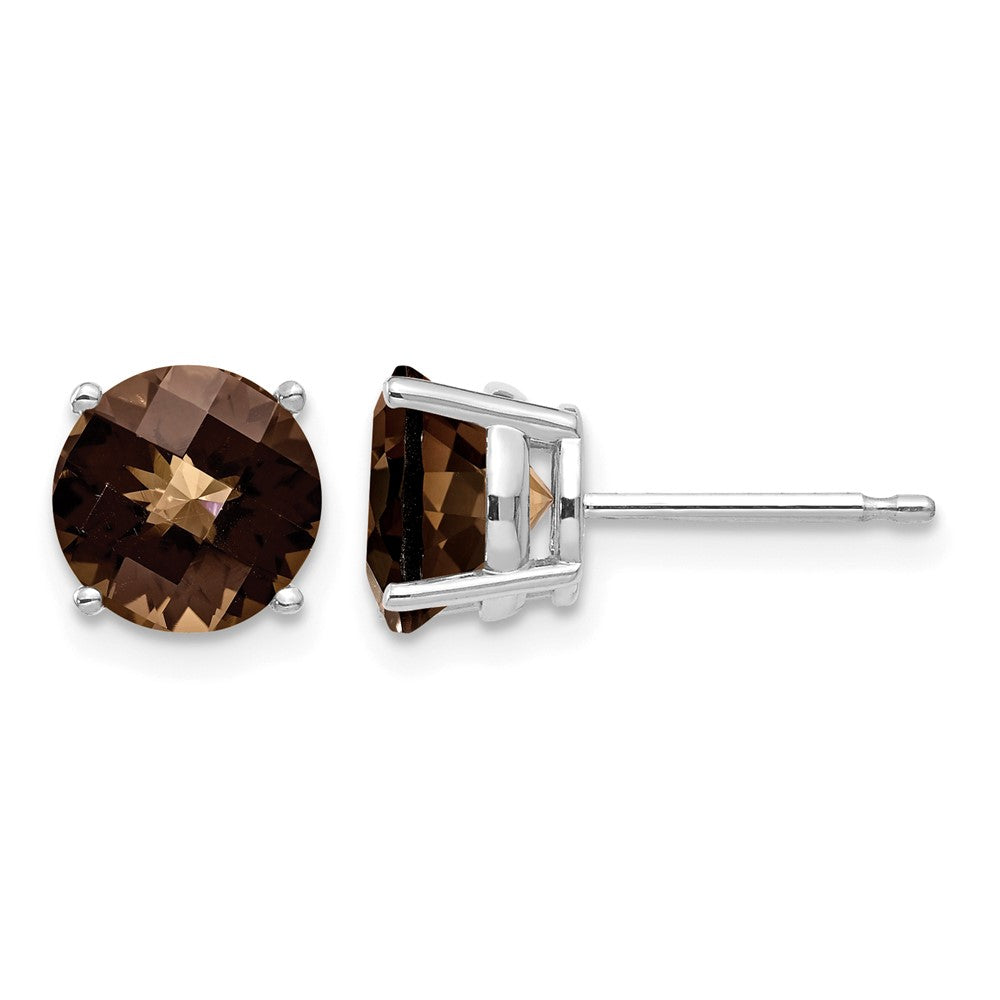 14kw 7mm Round Checker-Cut Smoky Quartz Earrings