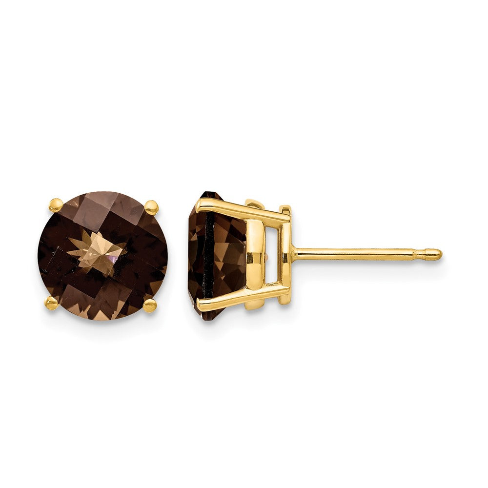 14k 8mm Round Checker-Cut Smoky Quartz Earrings
