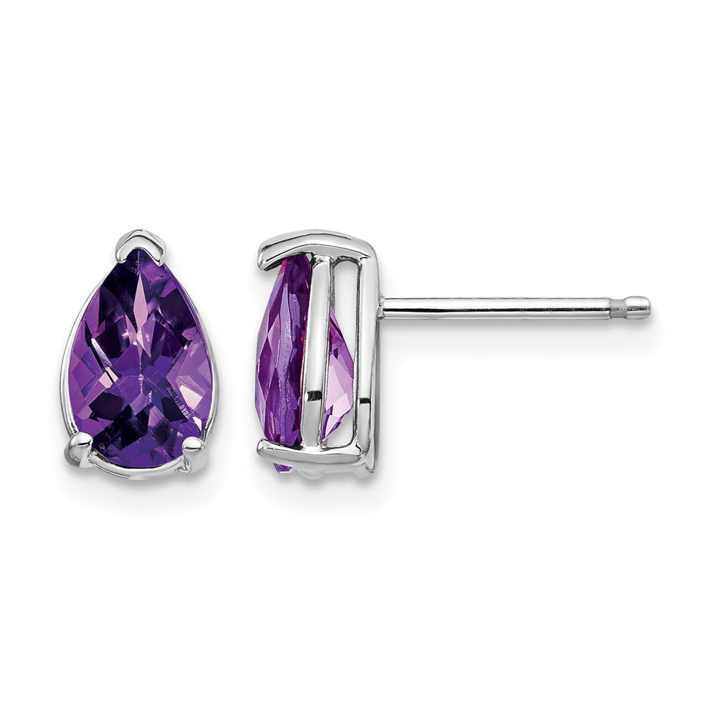 14k White Gold 8x5mm Pear Amethyst Checker Earrings