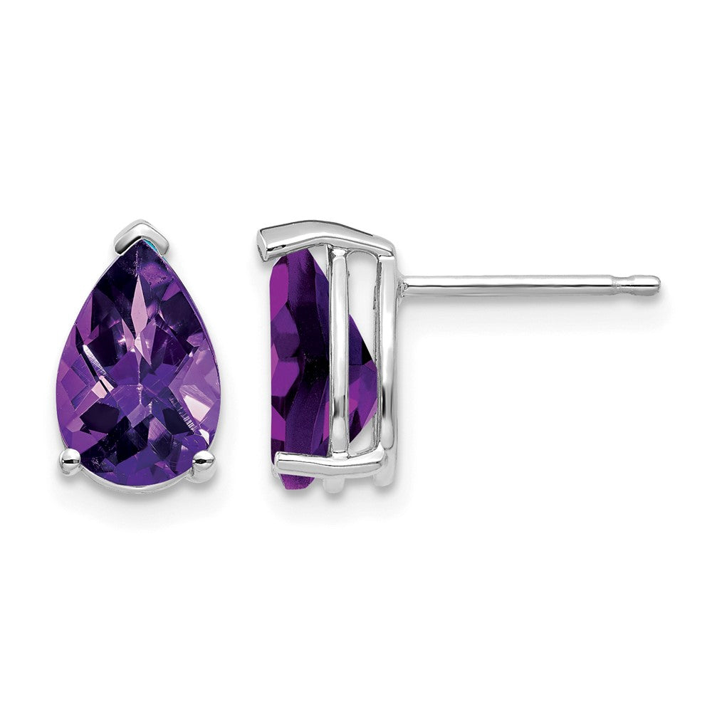14k White Gold 9x6mm Pear Amethyst Checker Earrings