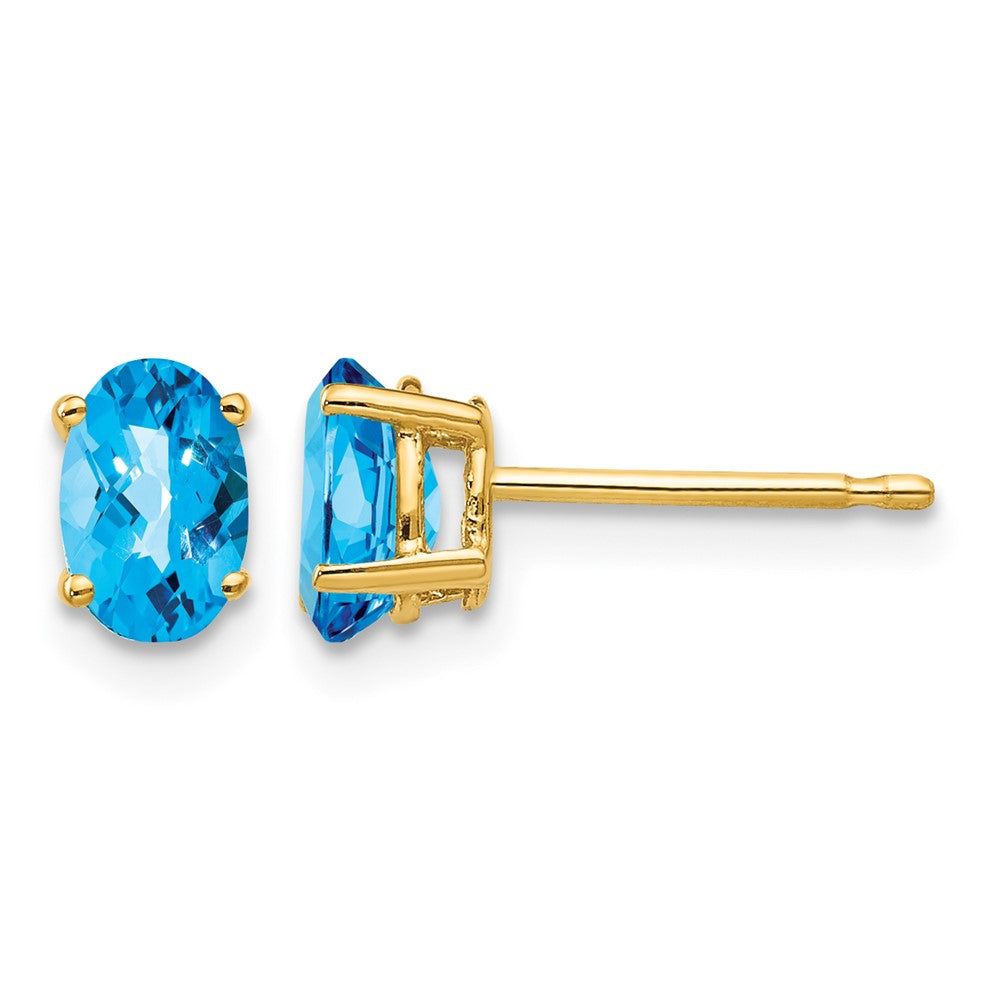 14k 6x4mm Oval Blue Topaz Checker Earrings