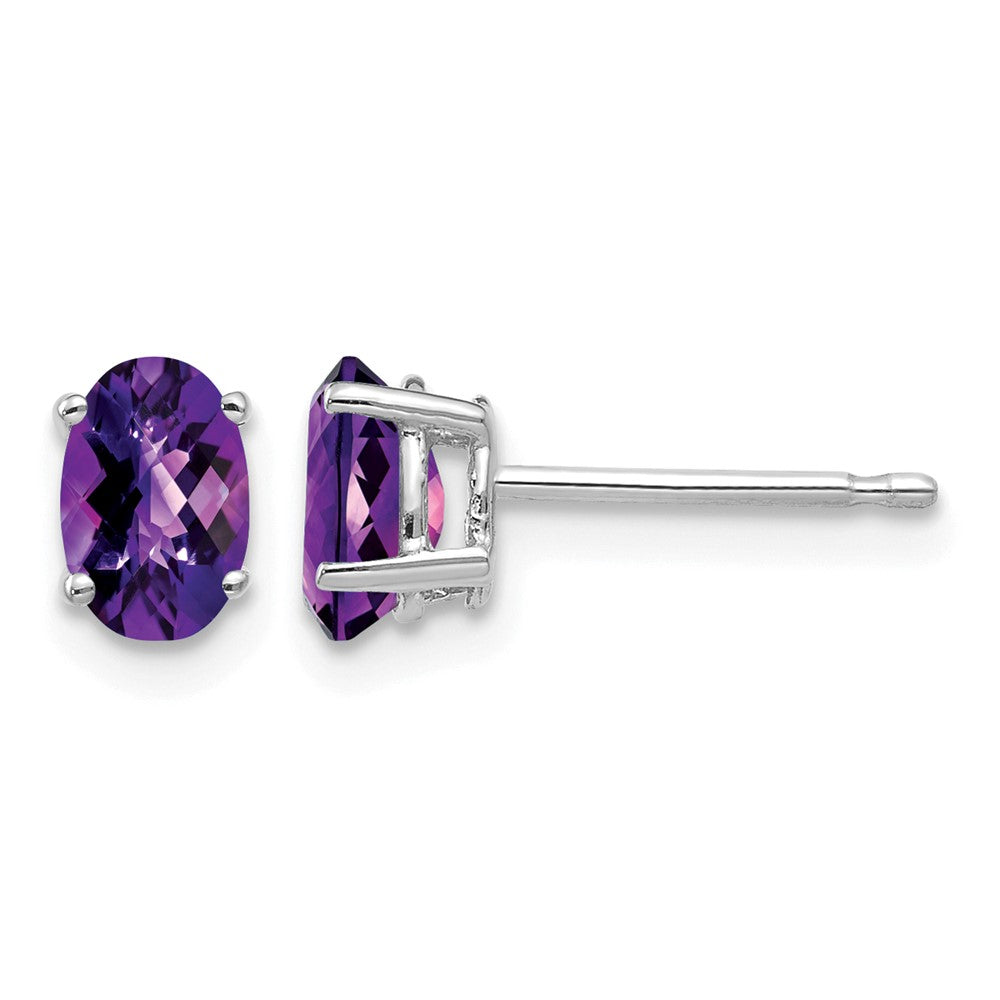 14k White Gold 6x4mm Oval Amethyst Checker Earrings