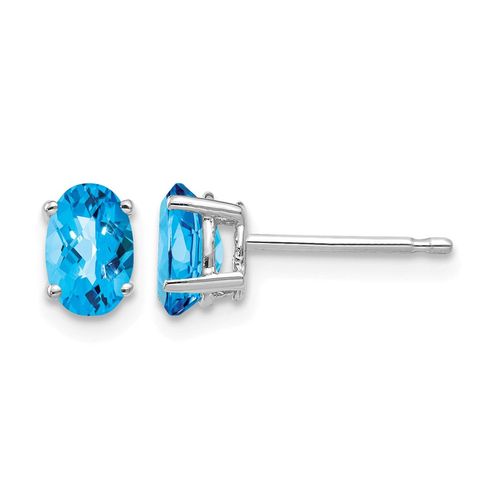 14k White Gold 6x4mm Oval Blue Topaz Checker Earrings
