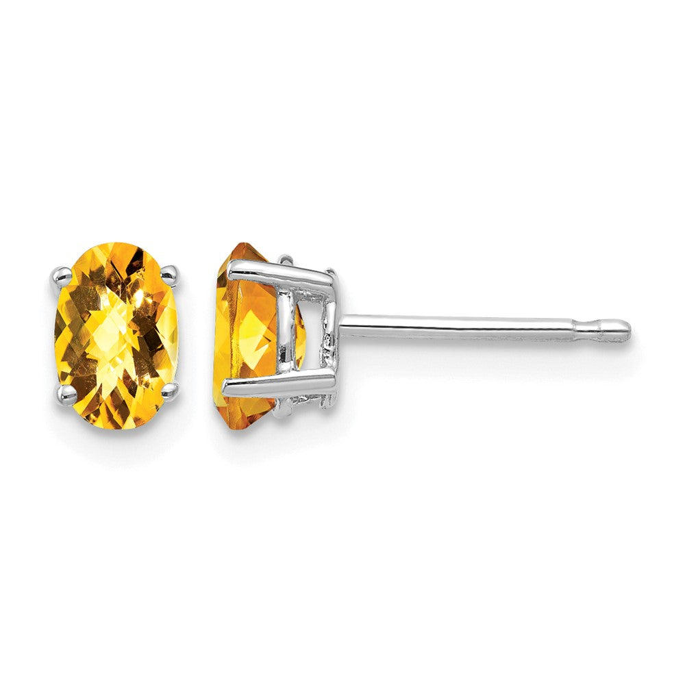 14k White Gold 6x4mm Oval Citrine Checker Earrings