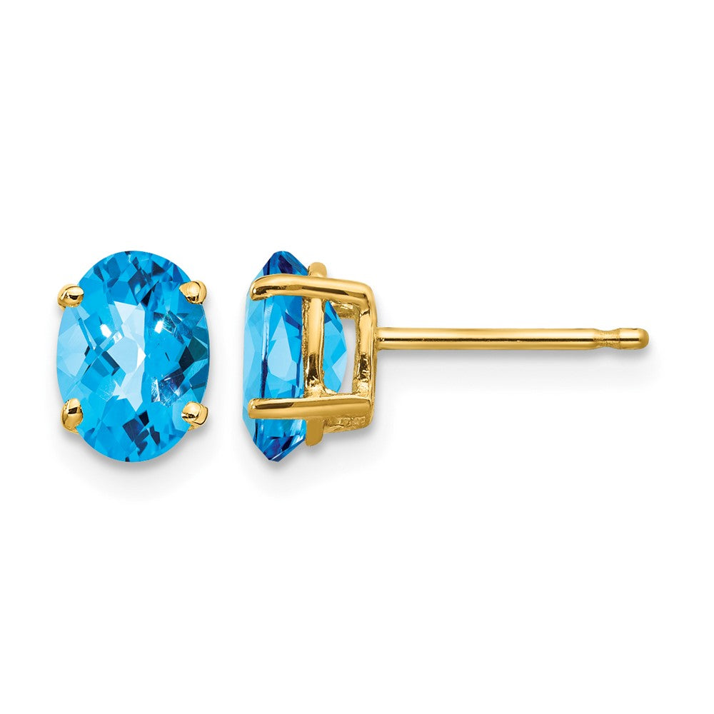 14k 7x5mm Oval Blue Topaz Checker Earrings