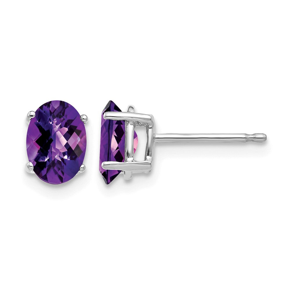 14k White Gold 7x5mm Oval Amethyst Checker Earrings