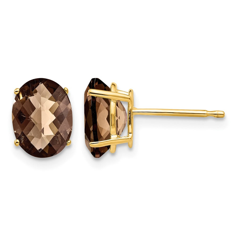 14k 8x6 Oval Checker-Cut Smoky Quartz Earrings