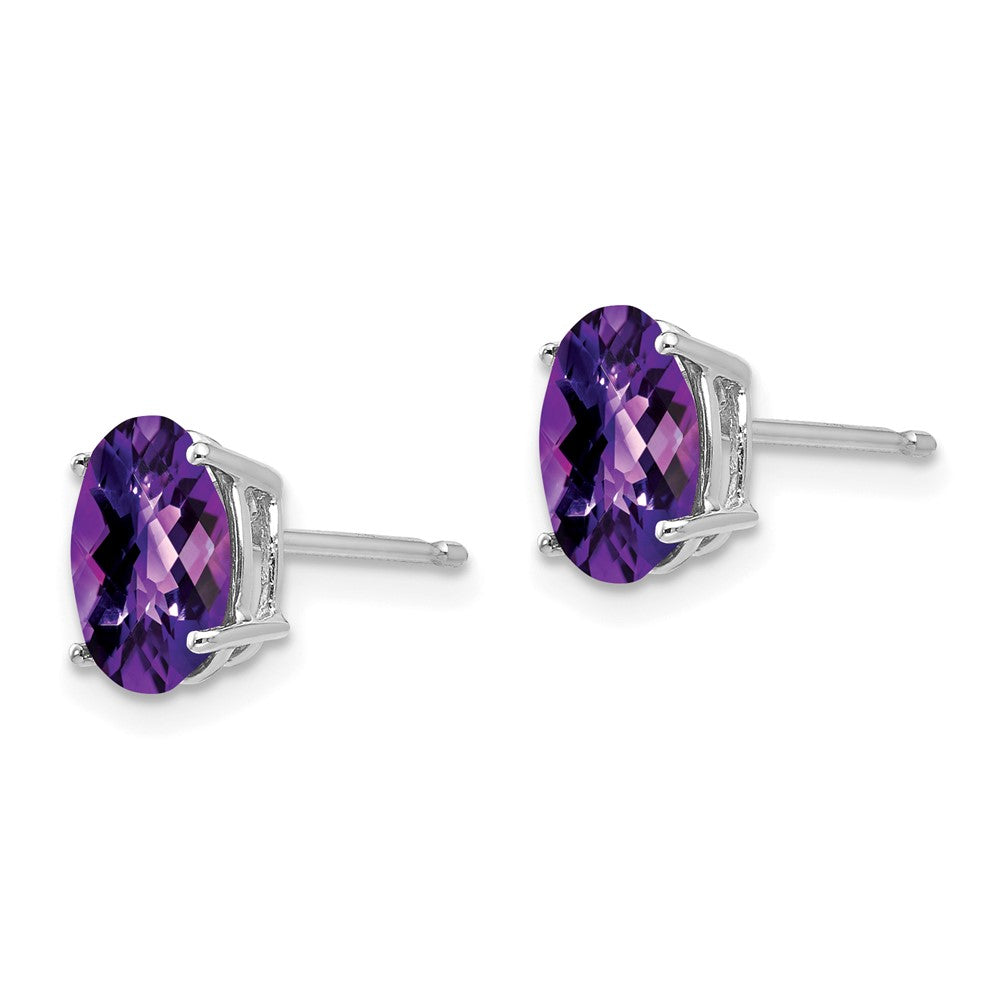 14k White Gold 8x6mm Oval Amethyst Checker Earrings