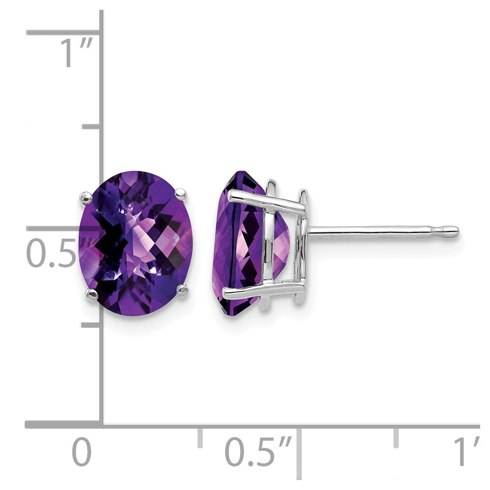 14k White Gold 9x7mm Oval Amethyst Checker Earrings