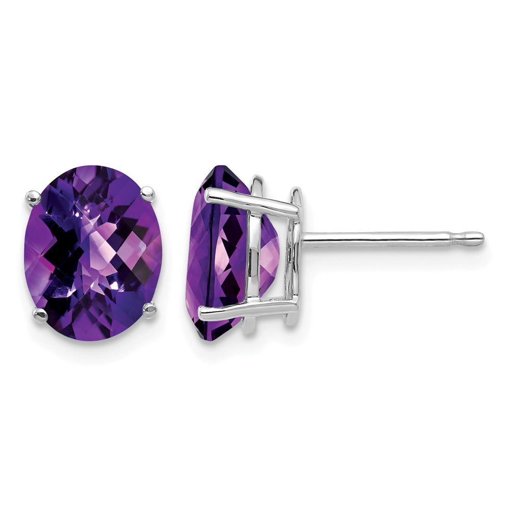 14k White Gold 9x7mm Oval Amethyst Checker Earrings