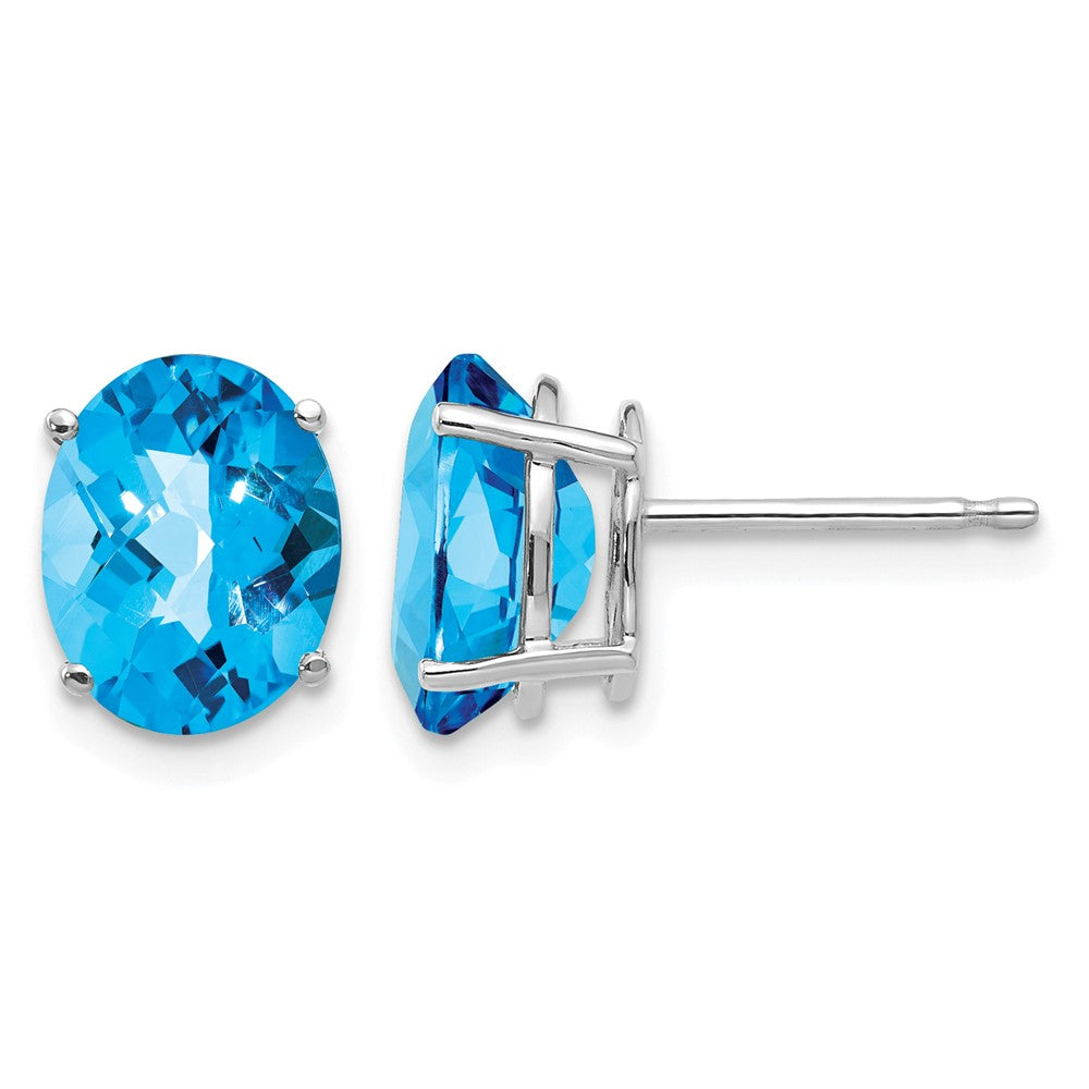 14k White Gold 9x7mm Oval Blue Topaz Checker Earrings