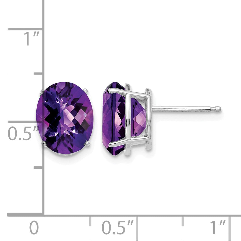 14k White Gold 10x8mm Oval Amethyst Checker Earrings