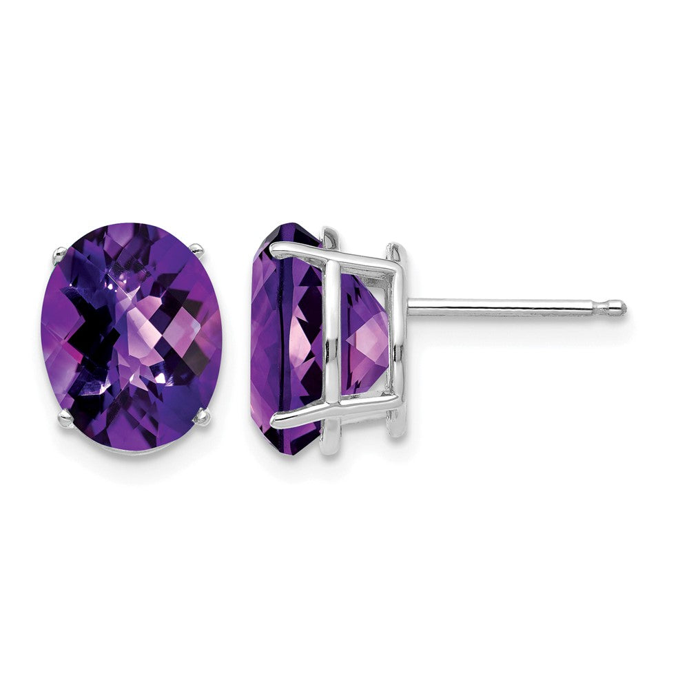 14k White Gold 10x8mm Oval Amethyst Checker Earrings