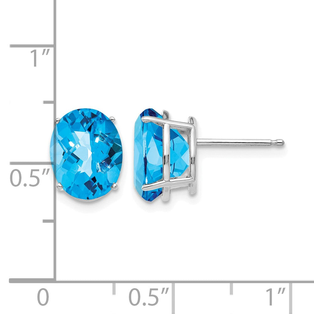 14k White Gold 10x8mm Oval Blue Topaz Checker Earrings