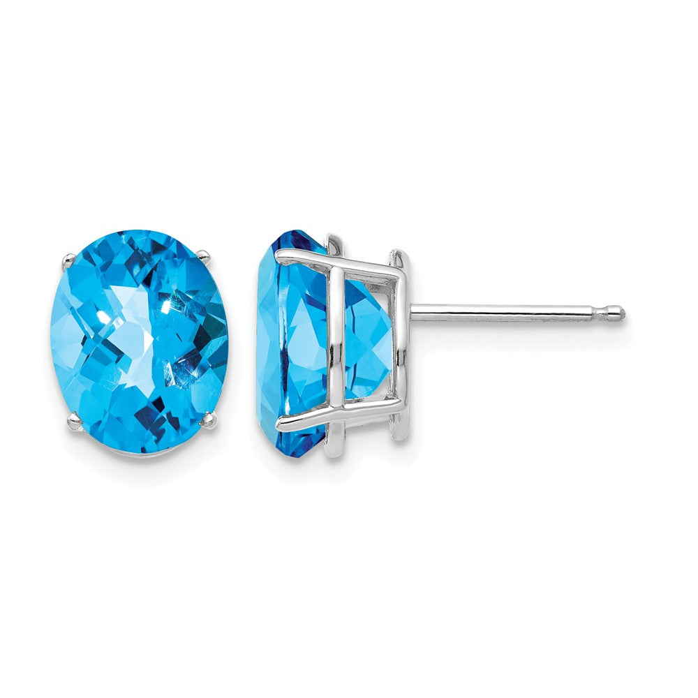 14k White Gold 10x8mm Oval Blue Topaz Checker Earrings