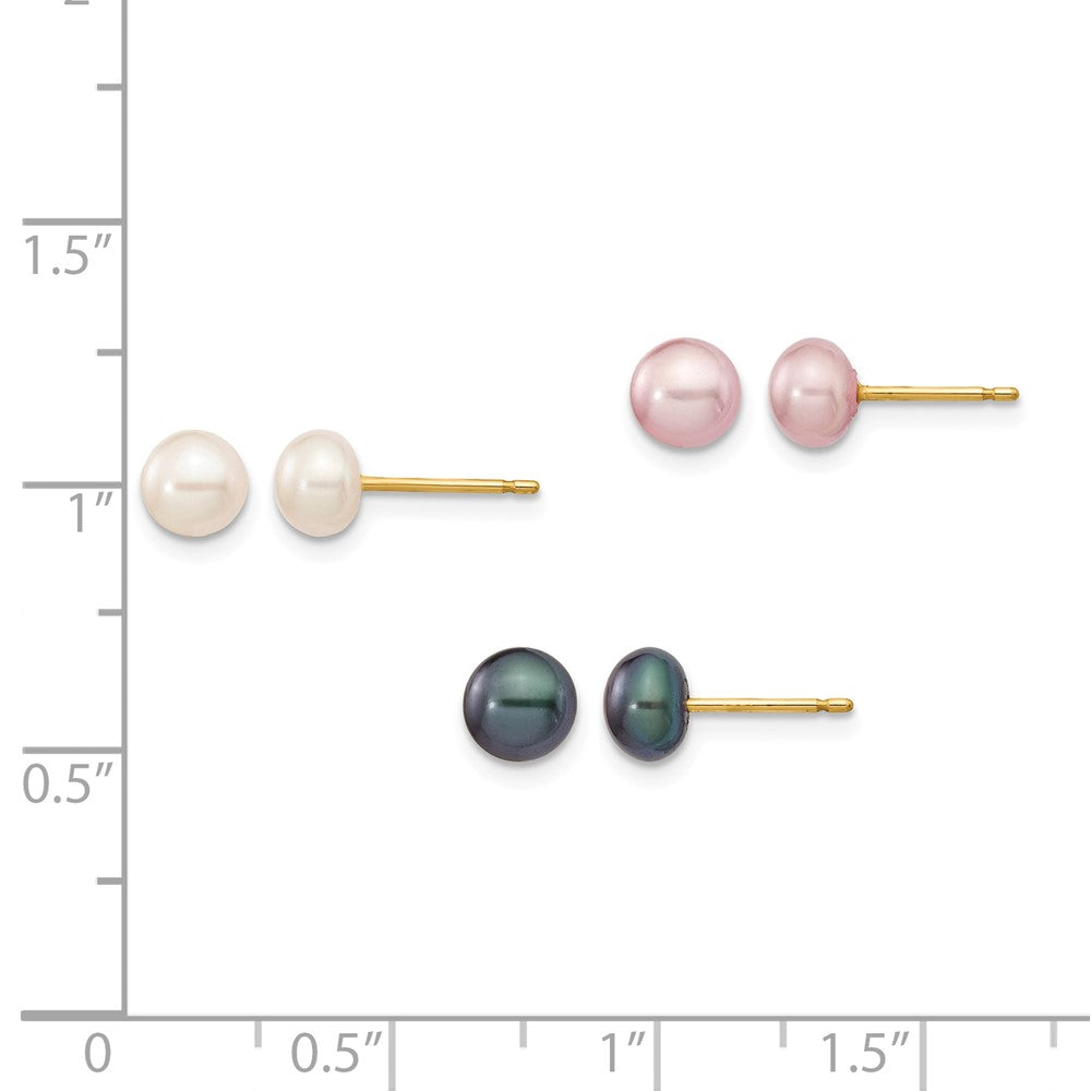 14K 5-6mm Button Freshwater Cultured Pearl Boxed 3 pair Post Earrings Set