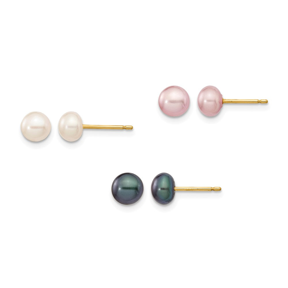 14K 5-6mm Button Freshwater Cultured Pearl Boxed 3 pair Post Earrings Set