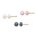 14K 5-6mm Button Freshwater Cultured Pearl Boxed 3 pair Post Earrings Set