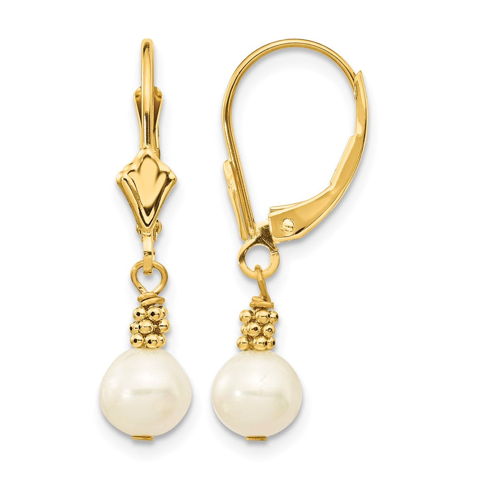 14K 5-6mm White Semi-round Freshwater Cultured Pearl Leverback Earrings
