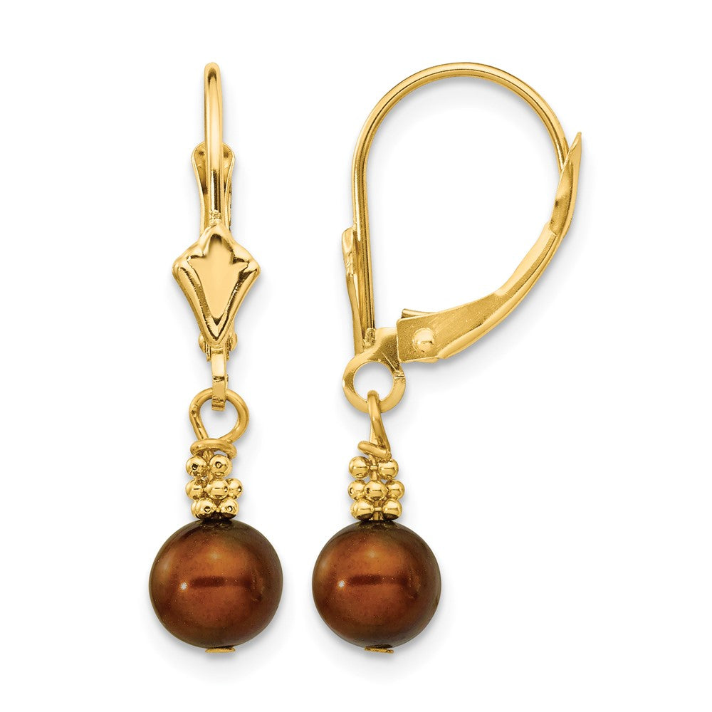 14K 5-6mm Brown Semi-round FW Cultured Pearl Leverback Earrings