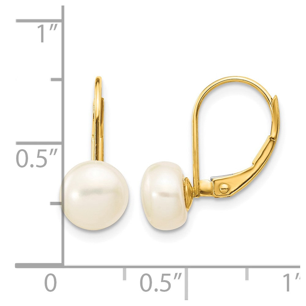 14K 7-8mm White Button Freshwater Cultured Pearl Leverback Earrings