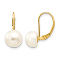 14K 8-9mm White Button Freshwater Cultured Pearl Leverback Earrings