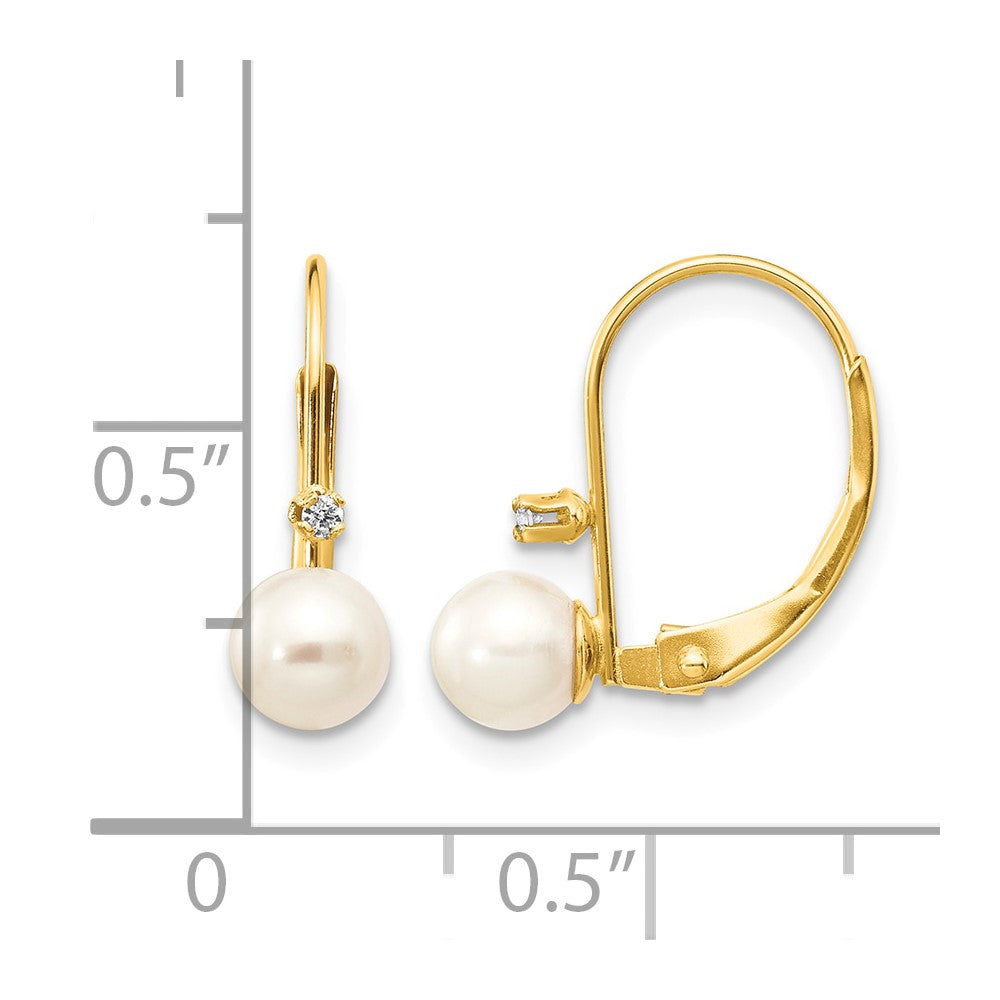 14K 5-6mm Round White FWC Pearl .02 ct. Diamond Leverback Earrings