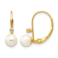 14K 5-6mm Round White FWC Pearl .02 ct. Diamond Leverback Earrings