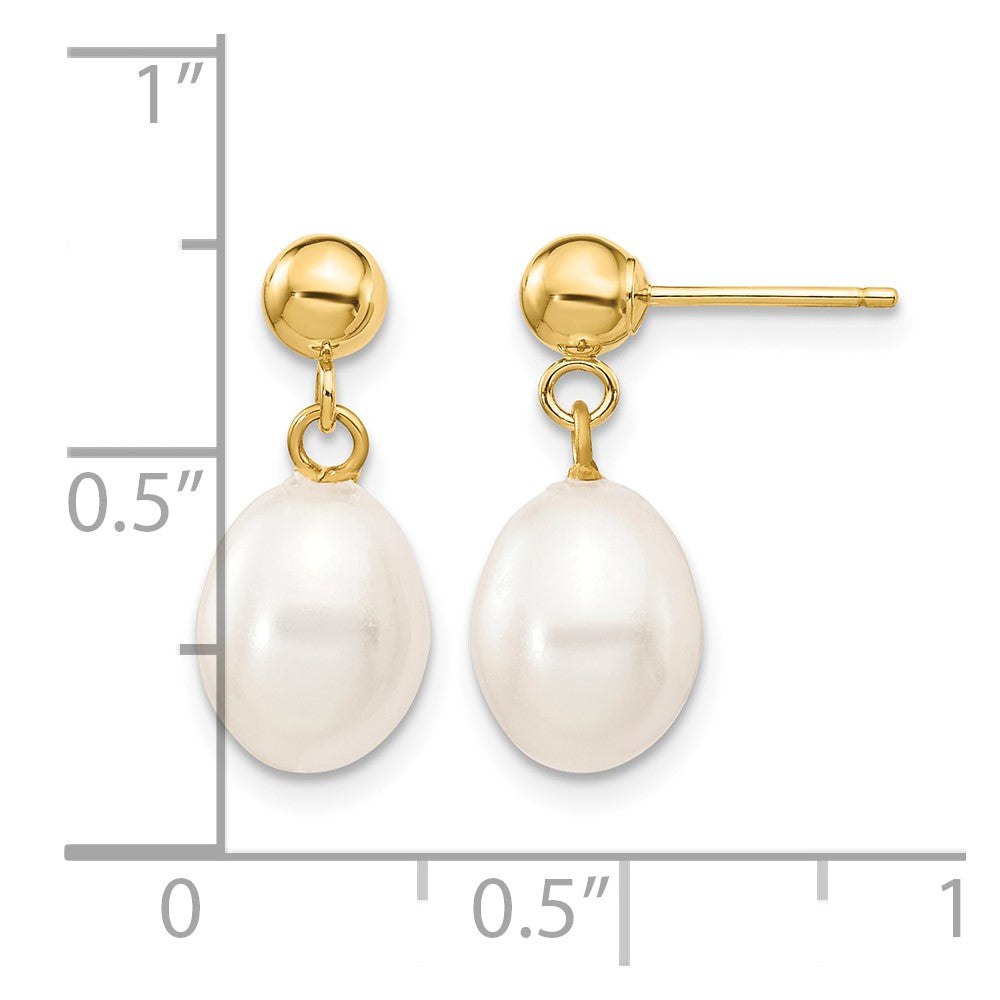 14k 7-8mm White Rice Freshwater Cultured Pearl Post Dangle Earrings