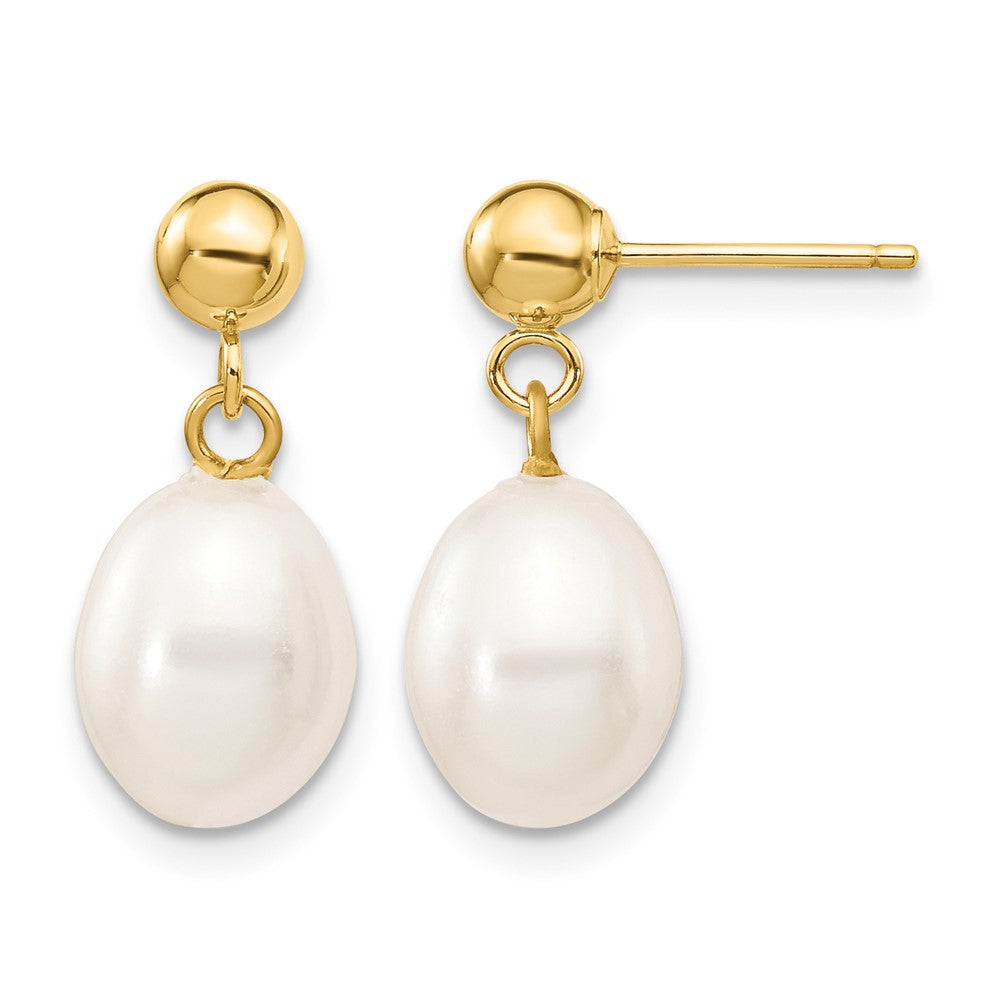 14k 7-8mm White Rice Freshwater Cultured Pearl Post Dangle Earrings