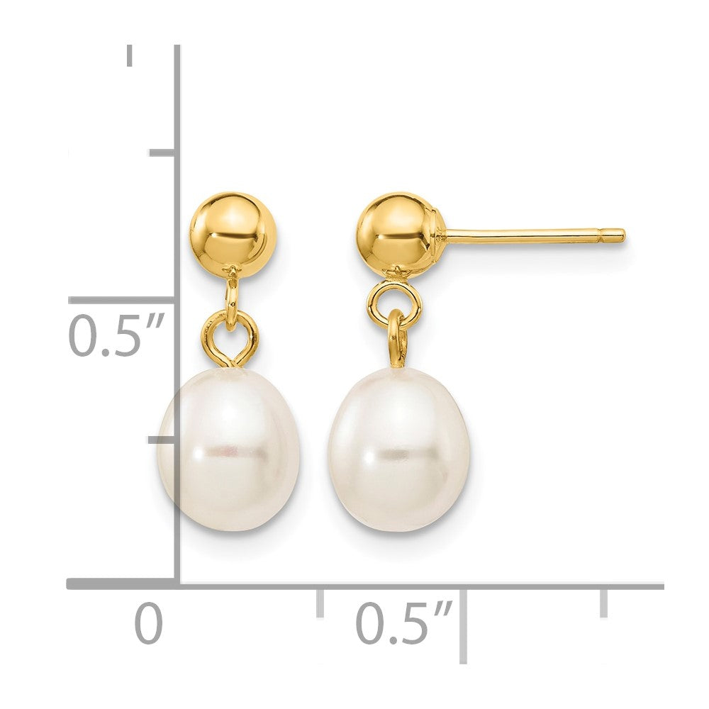 14k 6-7mm White Rice Freshwater Cultured Pearl Post Dangle Earrings
