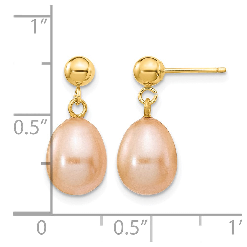 14k 8-9mm Pink Rice Freshwater Cultured Pearl Post Dangle Earrings
