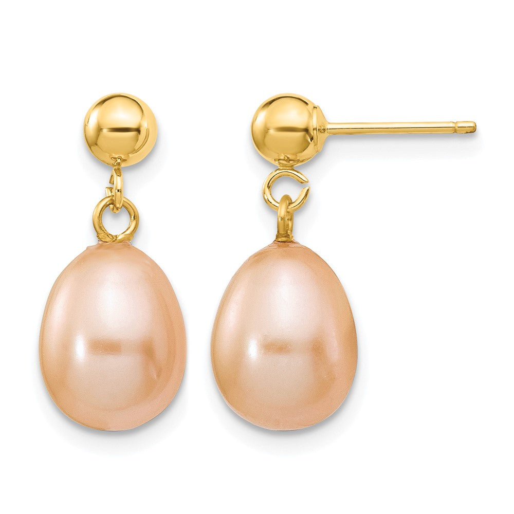 14k 8-9mm Pink Rice Freshwater Cultured Pearl Post Dangle Earrings