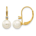 14K 6-7mm Round White FWC Pearl .06ct. Diamond Leverback Earrings