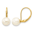 14K 7-8mm White Round Freshwater Cultured Pearl Leverback Earrings