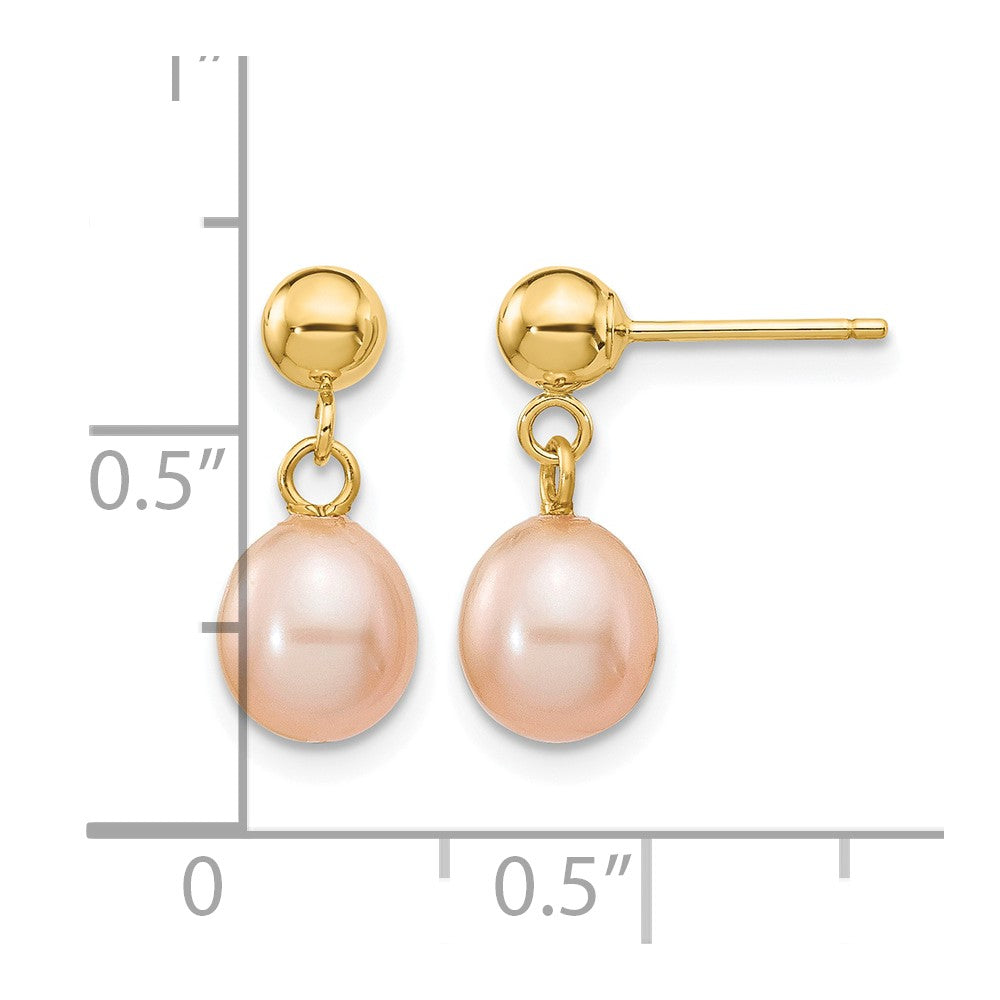 14k 6-7mm Pink Rice Freshwater Cultured Pearl Post Dangle Earrings