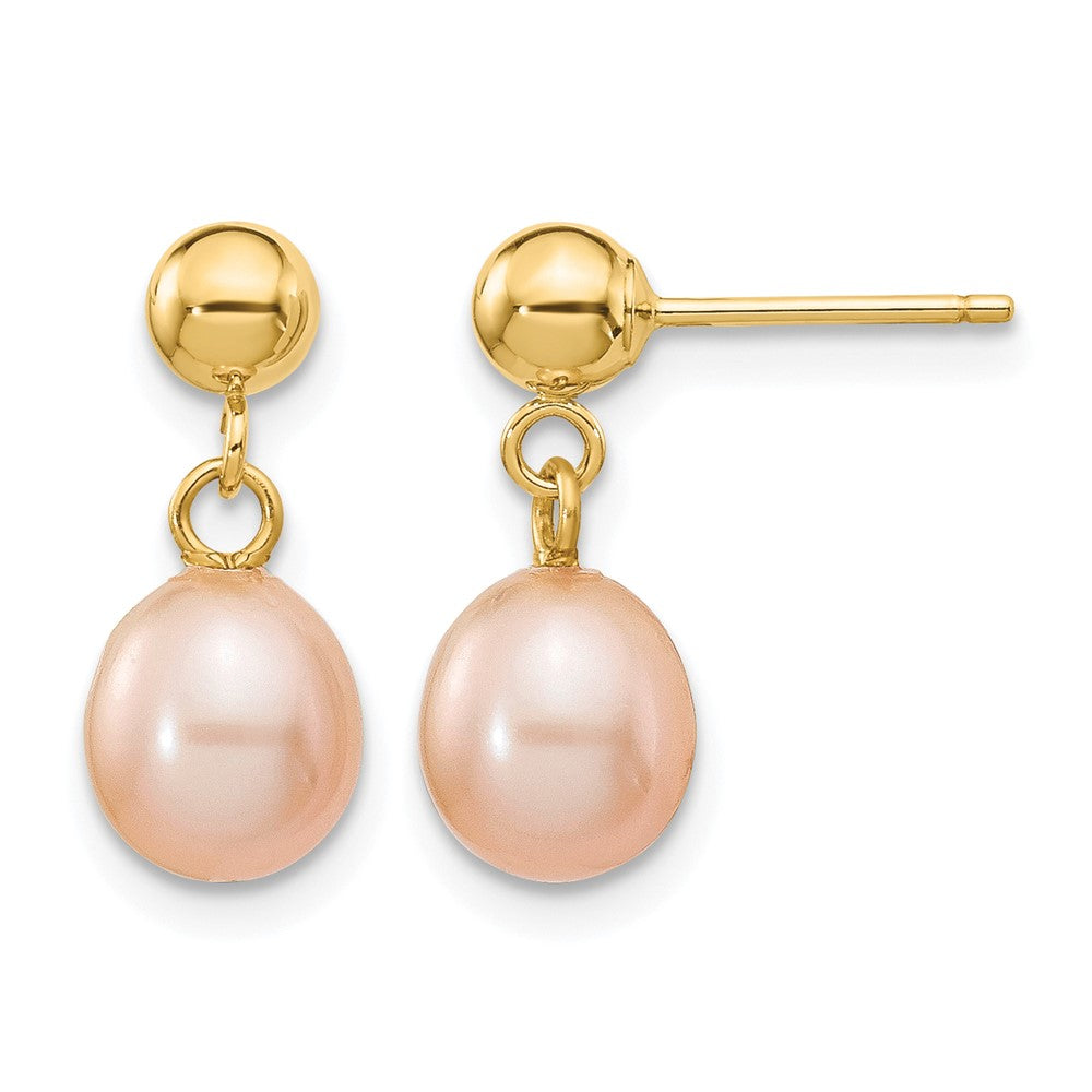 14k 6-7mm Pink Rice Freshwater Cultured Pearl Post Dangle Earrings