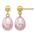 14k 7-8mm Purple Rice Freshwater Cultured Pearl Post Dangle Earrings