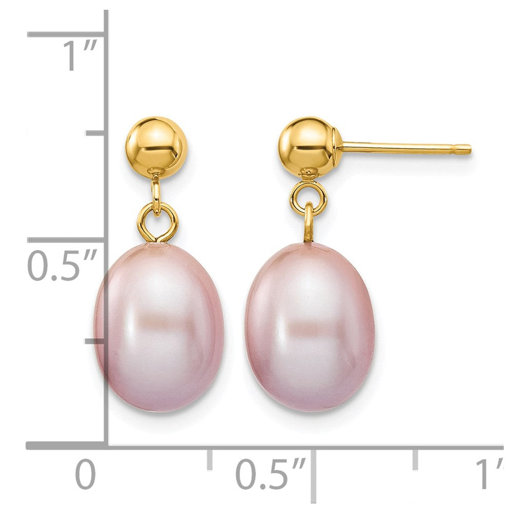 14k 8-9mm Purple Rice Freshwater Cultured Pearl Post Dangle Earrings