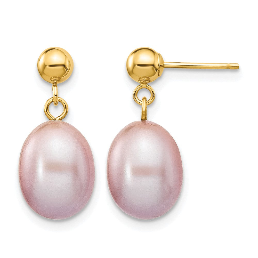 14k 8-9mm Purple Rice Freshwater Cultured Pearl Post Dangle Earrings