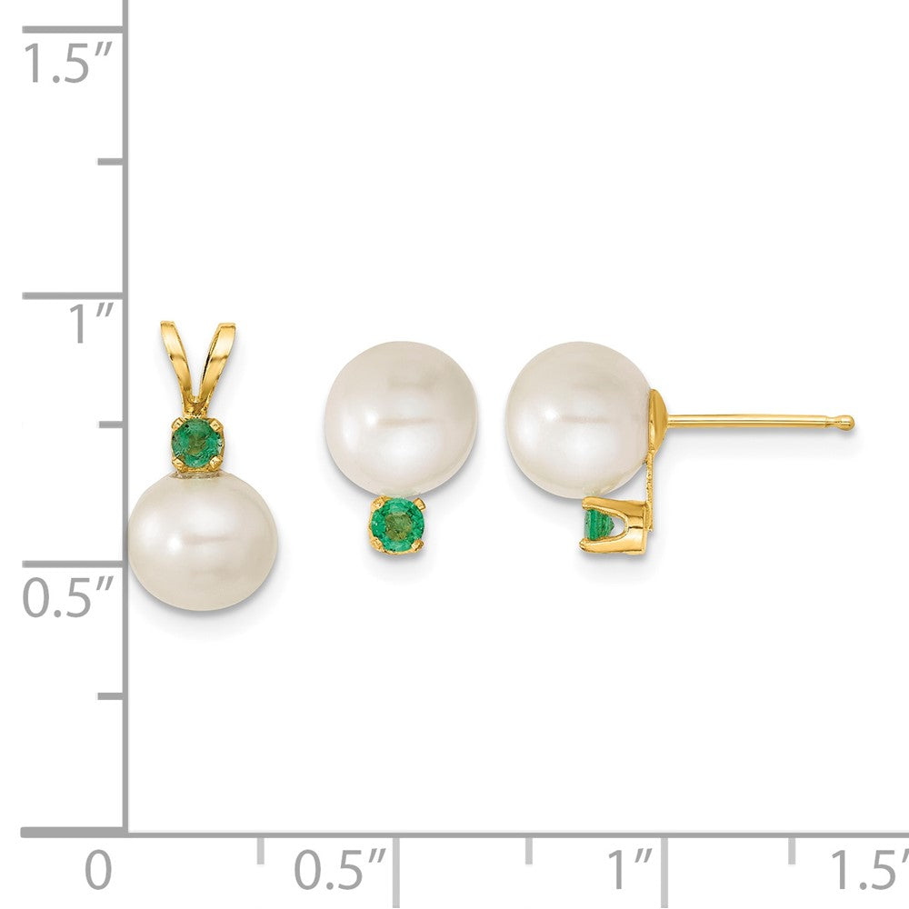 14k 7-8mm White FW Cultured Pearl & Emerald Stud Earrings & Pendant