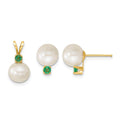 14k 7-8mm White FW Cultured Pearl & Emerald Stud Earrings & Pendant