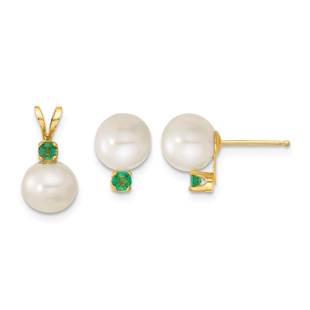 14k 7-8mm White FW Cultured Pearl & Emerald Stud Earrings & Pendant