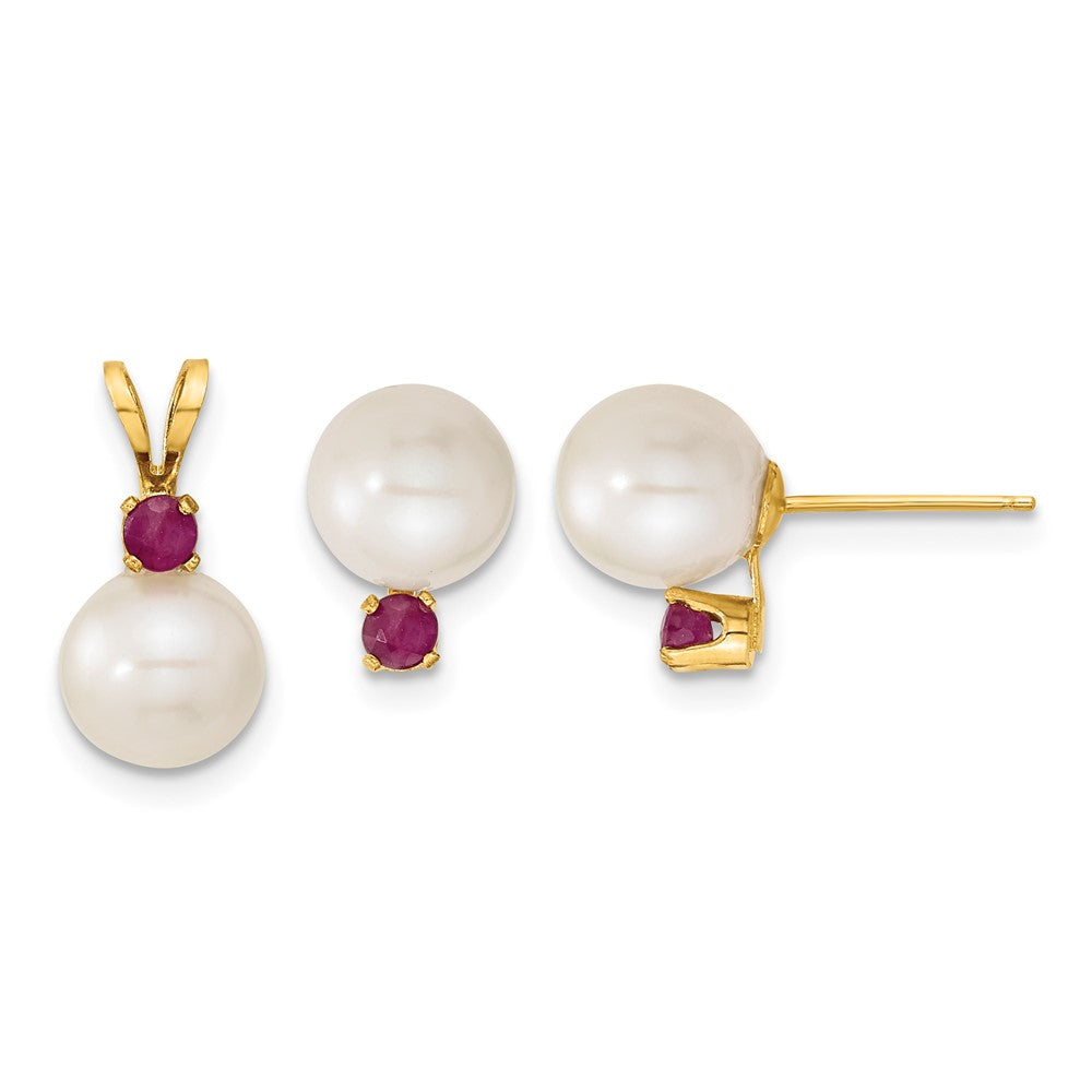 14k 7-8mm White FW Cultured Pearl & Ruby Stud Earrings & Pendant