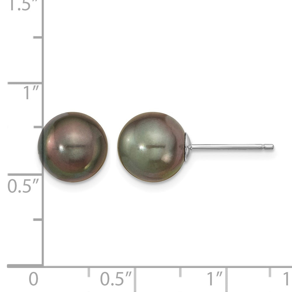 14k WG 9-10mm Black Round Saltwater Cultured Tahitian Pearl Post Earrings